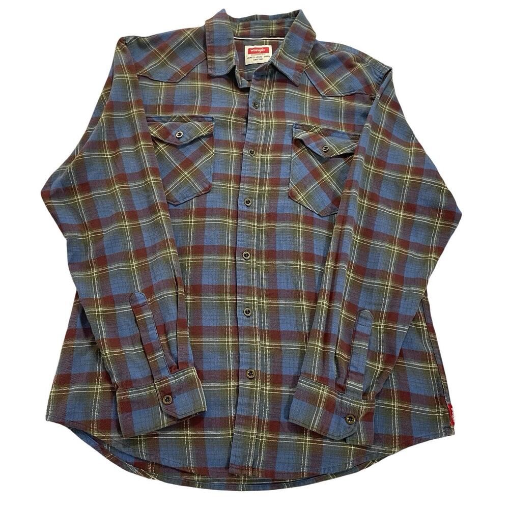 Wrangler Flannel Shirt Men's Large Plaid Long Sleeve Flap Button Pockets Western - Picture 2 of 8